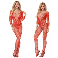 Sexy Women's Long Sleeve Bodystockings Lace Fishnet Lingerie Thigh High Stay Ups Red