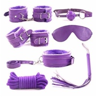 Bondage Set Kit BDSM Fetish Restraint Fur Cuffs Blindfold Whip Couples Sex Toy S+M Purple