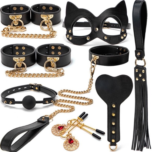 TGV Dark BDSM PU Leather Handcuffs Collar Gag Whip Couples Sex Suit Kits Slave Restraint