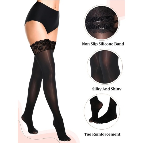 TGV Dark Ultra Glossy Oily Shiny Hold Up Stockings Sticky Silicone Lace Trim Denier Gloss Black