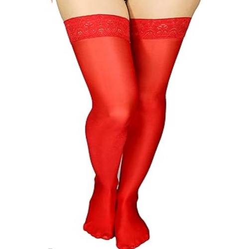 TGV Dark Ultra Glossy Oily Shiny Hold Up Stockings Sticky Silicone Lace Trim Denier Gloss Red