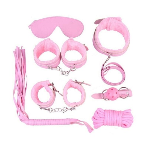 Bondage Set Kit BDSM Fetish Restraint Fur Cuffs Blindfold Whip Couples Sex Toy S+M Pink