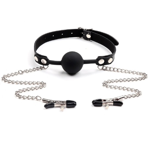 Ball Gag With Nipple Clamps BDSM Fetish Sex Toy  For Men Women Couples Adult Mouth Restraints Bondage S+M Black