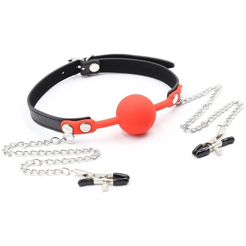 Ball Gag With Nipple Clamps BDSM Fetish Sex Toy  For Men Women Couples Adult Mouth Restraints Bondage S+M Red