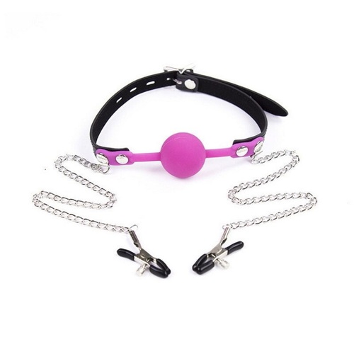 Ball Gag With Nipple Clamps BDSM Fetish Sex Toy  For Men Women Couples Adult Mouth Restraints Bondage S+M Rose Red