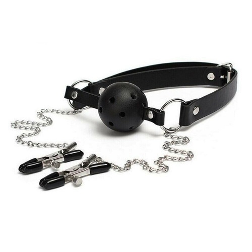 Breathable Ball Gag Fetish Mouth Bondage BDSM S+M Sex Toy Toys Games Adult With Nipple Clamps